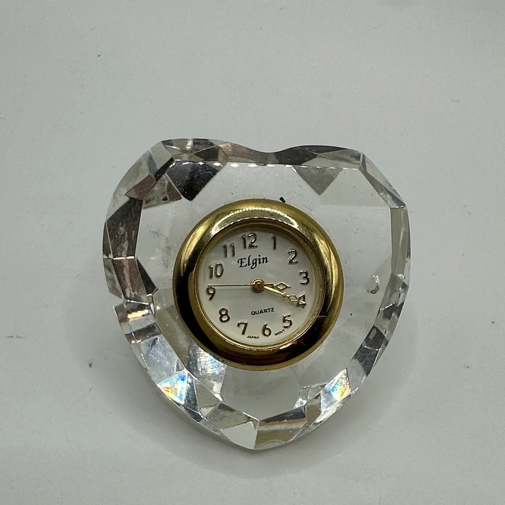 Elgin heart-shaped crystal desk clock.
